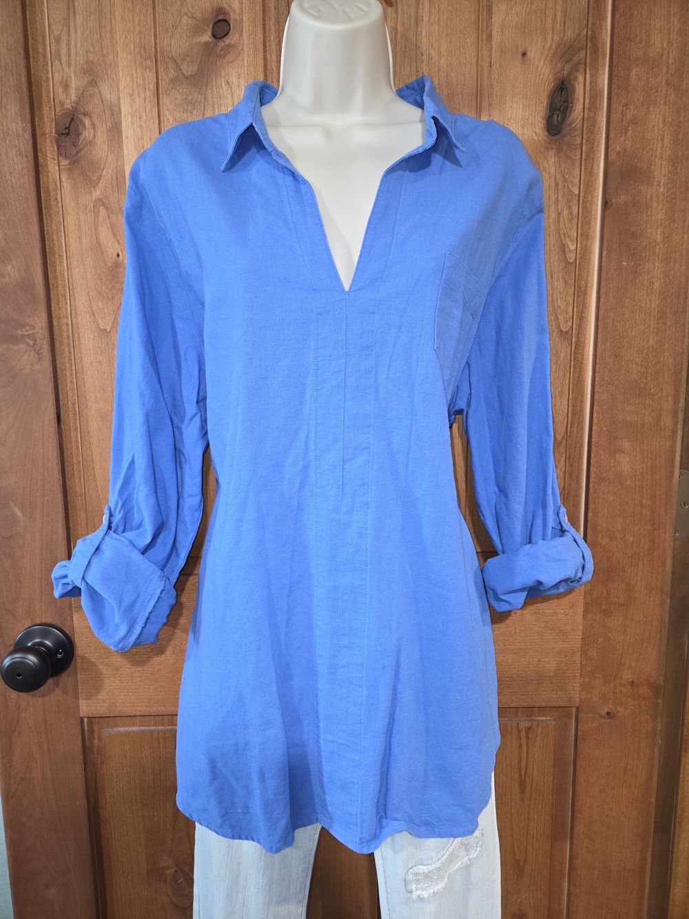 Nine West Blue Split-Neck Linen Rich Tunic‎ Top